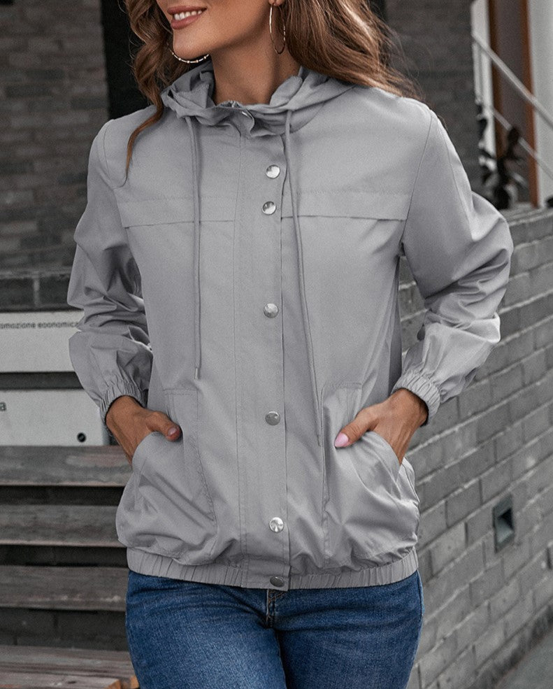 Hooded Snap-Front Windbreaker Jacket - Grey - 1