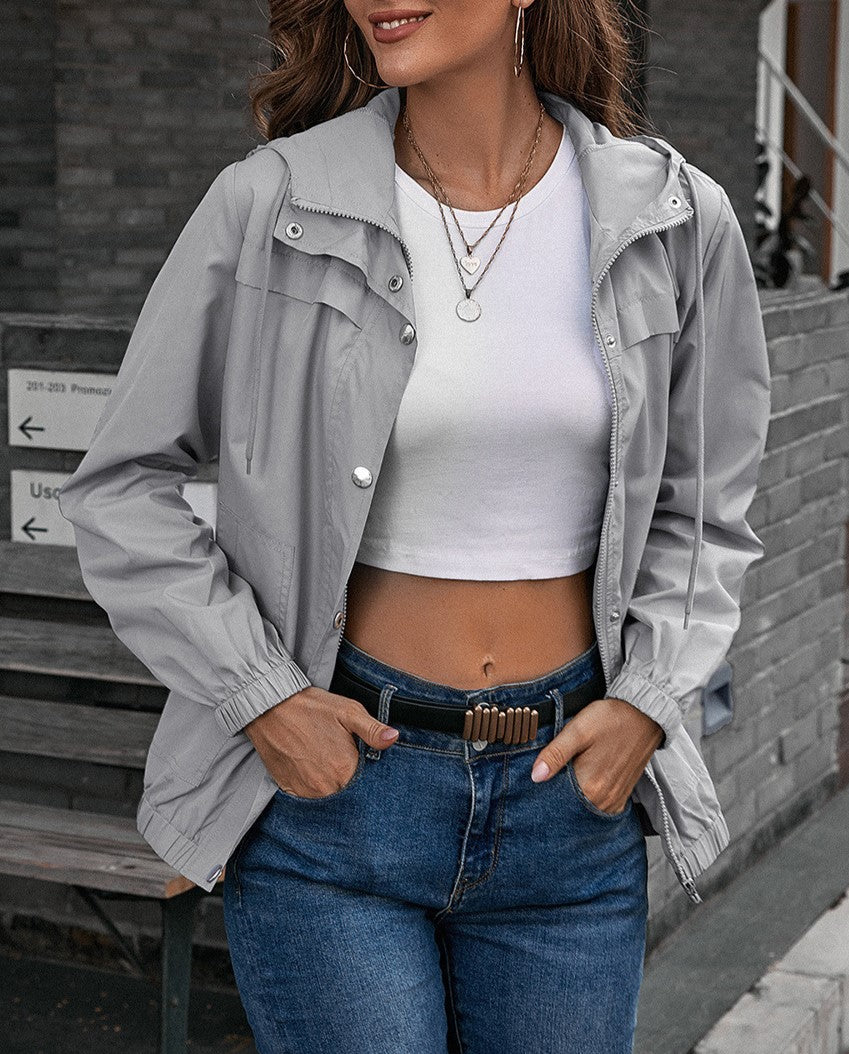 Hooded Snap-Front Windbreaker Jacket - Grey - 2