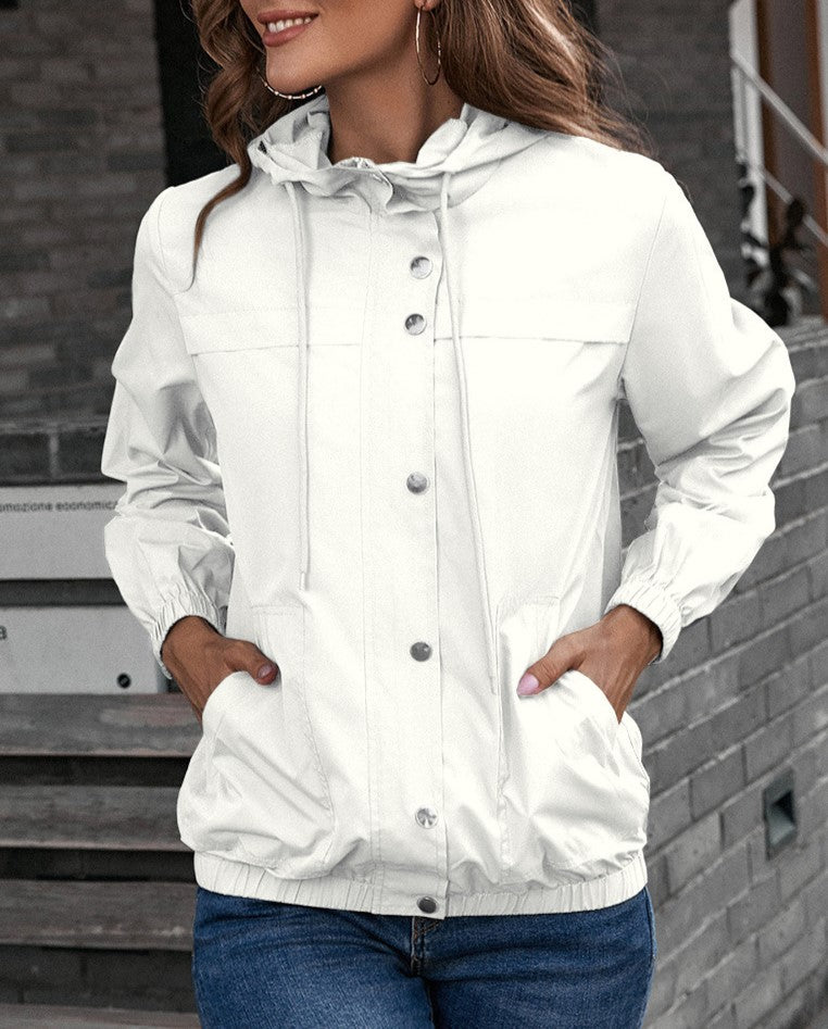 Hooded Snap-Front Windbreaker Jacket - White - 1