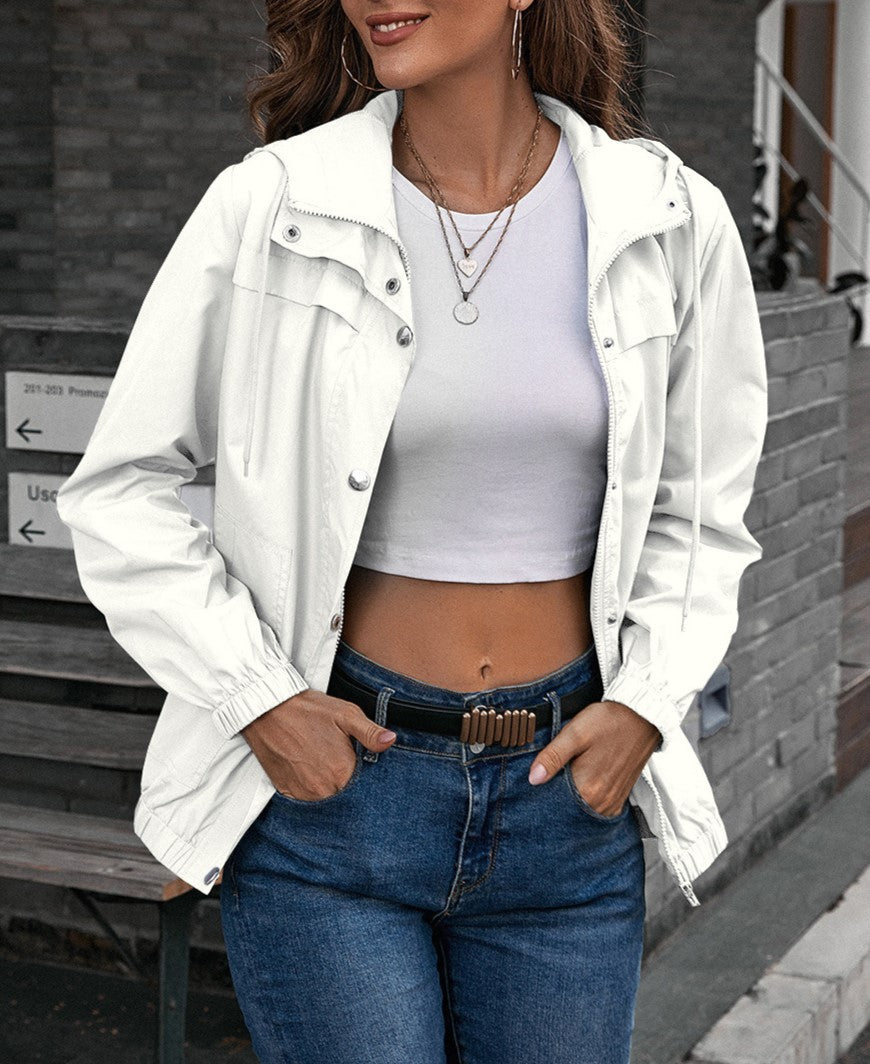 Hooded Snap-Front Windbreaker Jacket - White - 2