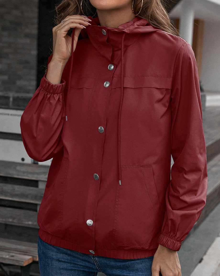 Hooded Snap-Front Windbreaker Jacket - WineRed
