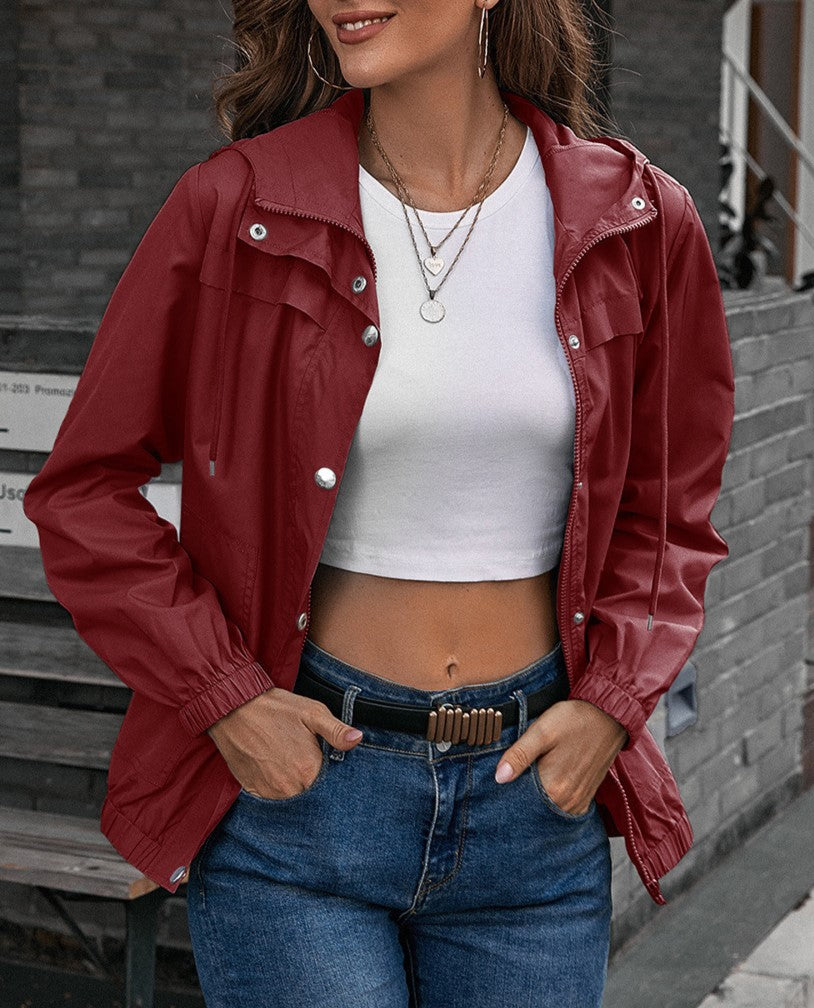 Hooded Snap-Front Windbreaker Jacket - WineRed - 1