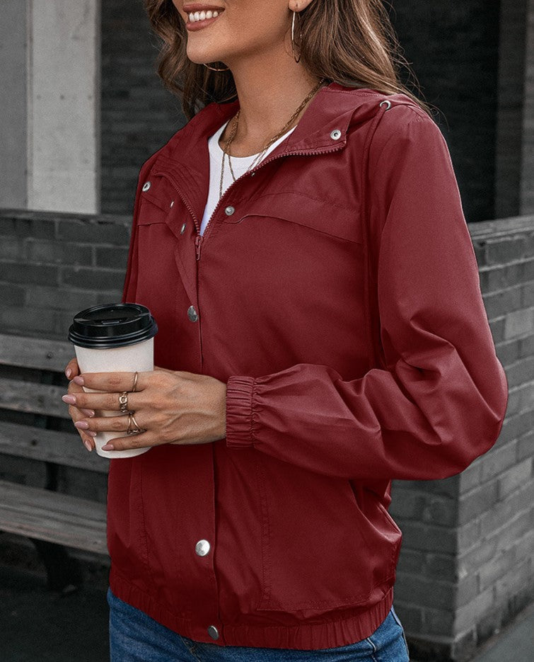 Hooded Snap-Front Windbreaker Jacket - WineRed - 2