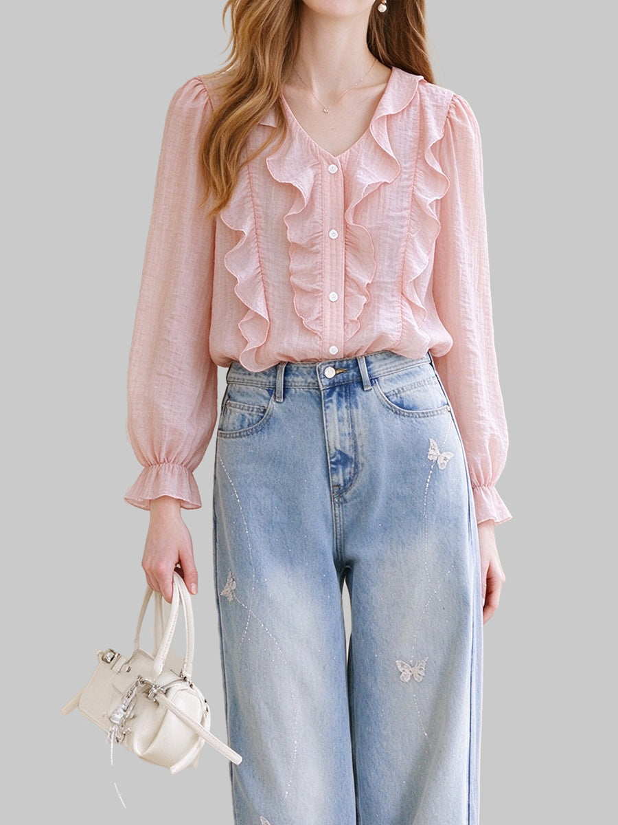 Pink Sheer Textured Cascade Ruffle Puff Sleeve Blouse - Pink