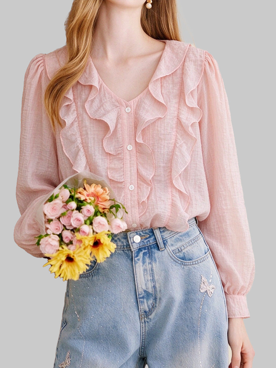 Pink Sheer Textured Cascade Ruffle Puff Sleeve Blouse - Pink - 1
