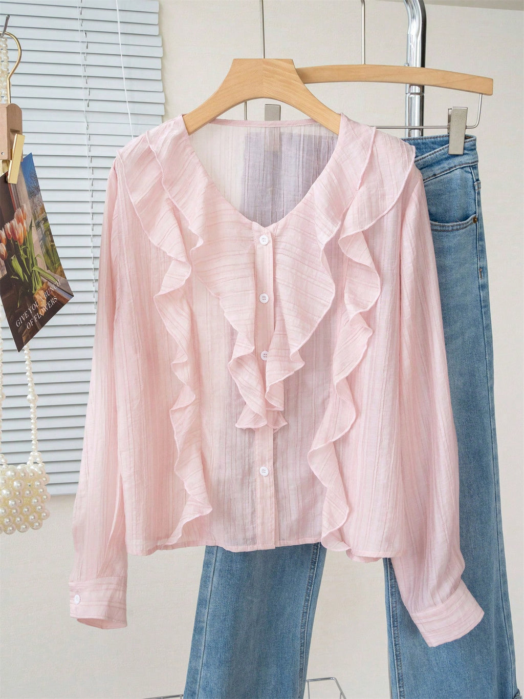 Pink Sheer Textured Cascade Ruffle Puff Sleeve Blouse - Pink - 2