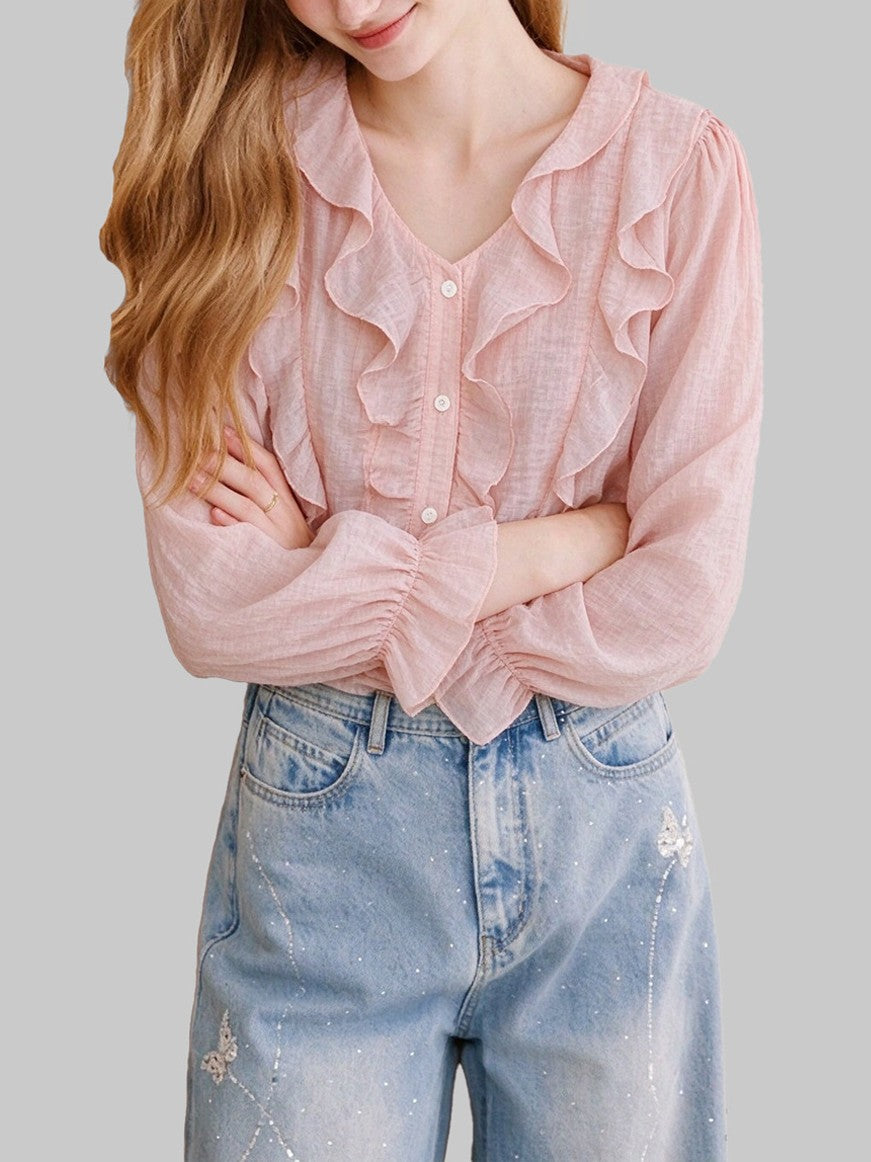 Pink Sheer Textured Cascade Ruffle Puff Sleeve Blouse - Pink - 3
