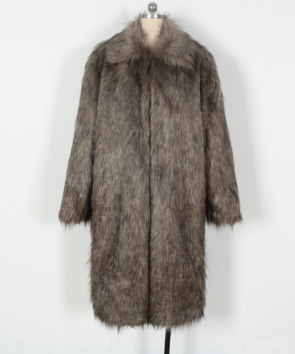 Wide Collar Extra Long Faux Fur Coat - Darkgrey