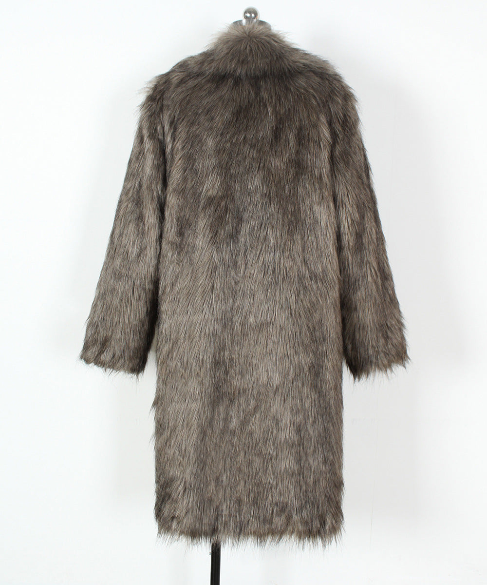 Wide Collar Extra Long Faux Fur Coat - Darkgrey - 1