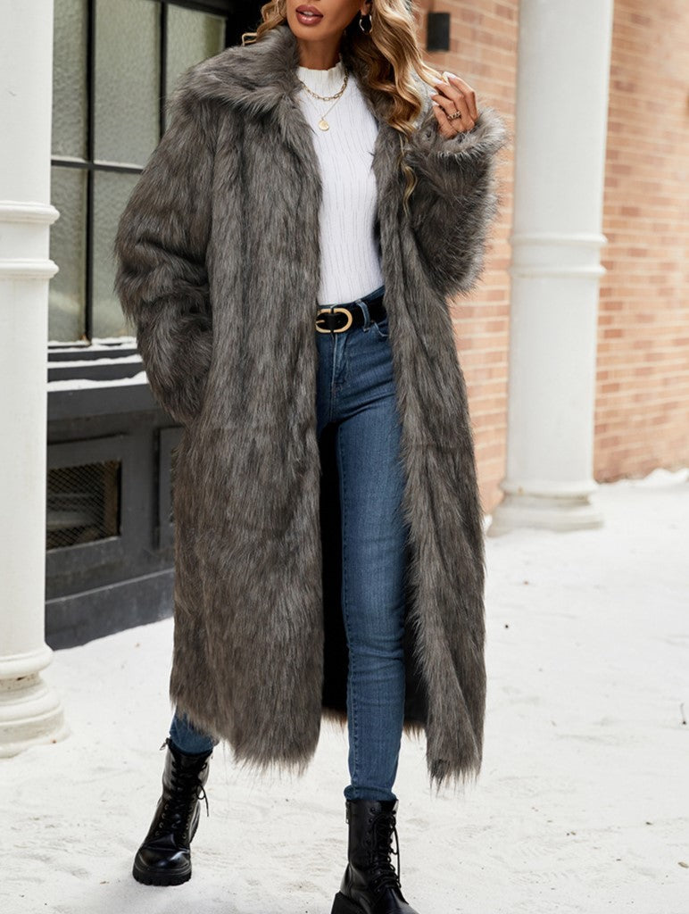 Wide Collar Extra Long Faux Fur Coat - Darkgrey - 2