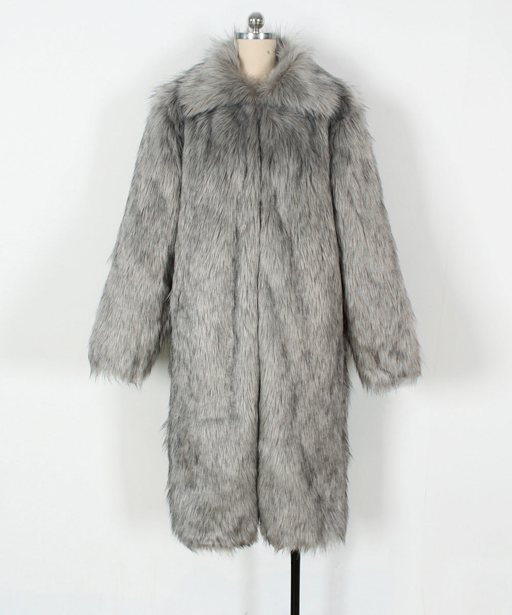 Wide Collar Extra Long Faux Fur Coat - Grey