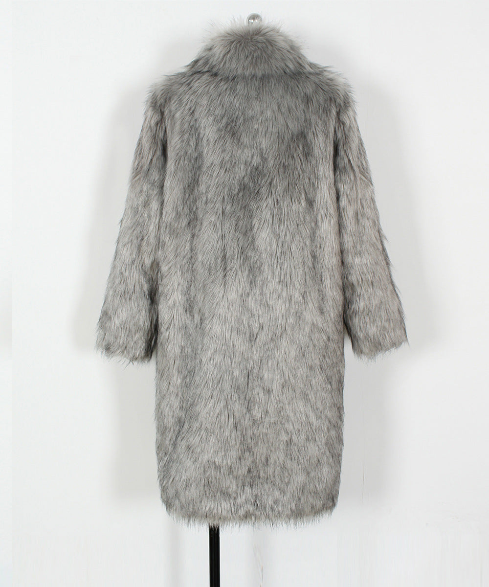 Wide Collar Extra Long Faux Fur Coat - Grey - 1