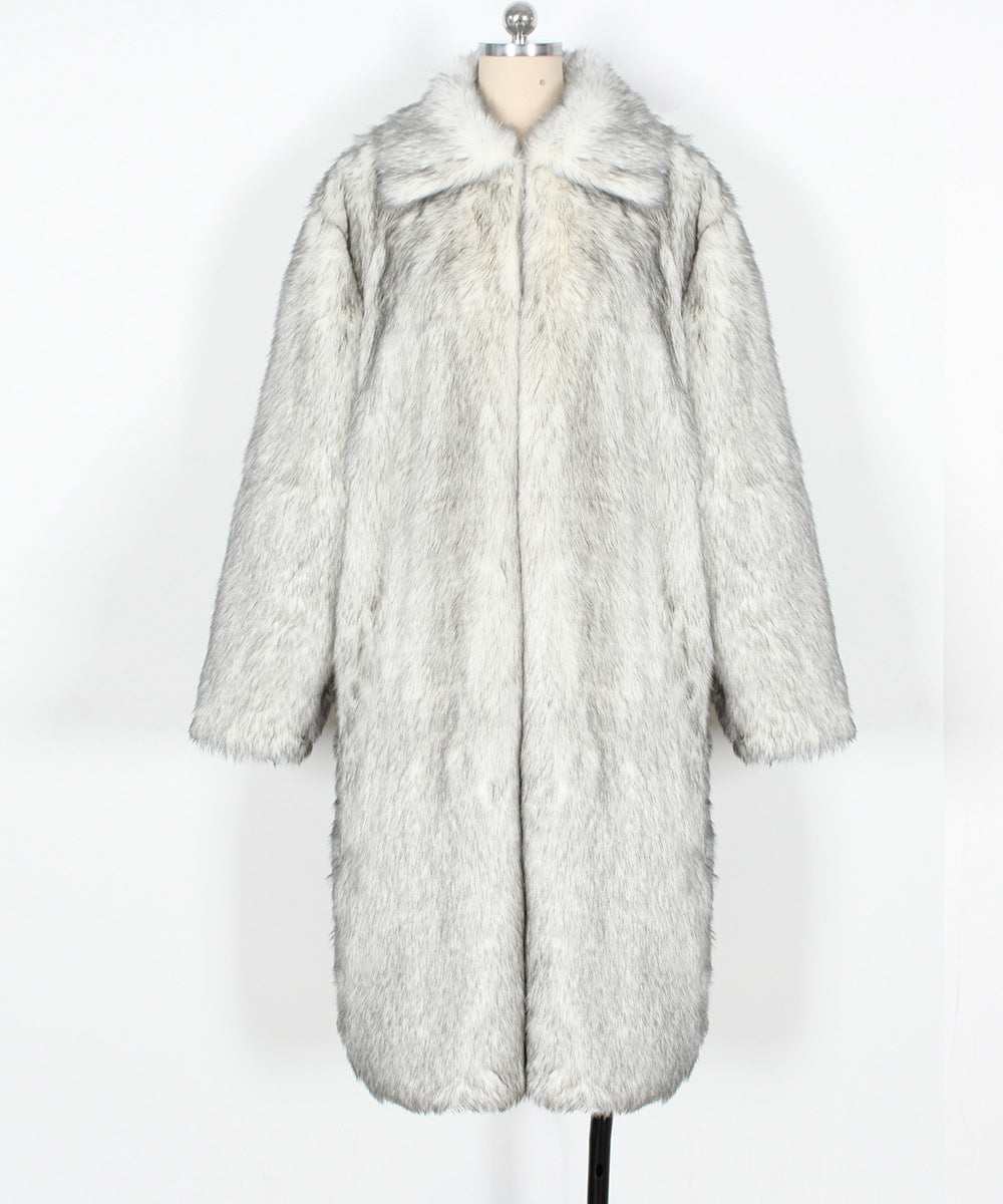 Wide Collar Extra Long Faux Fur Coat - White