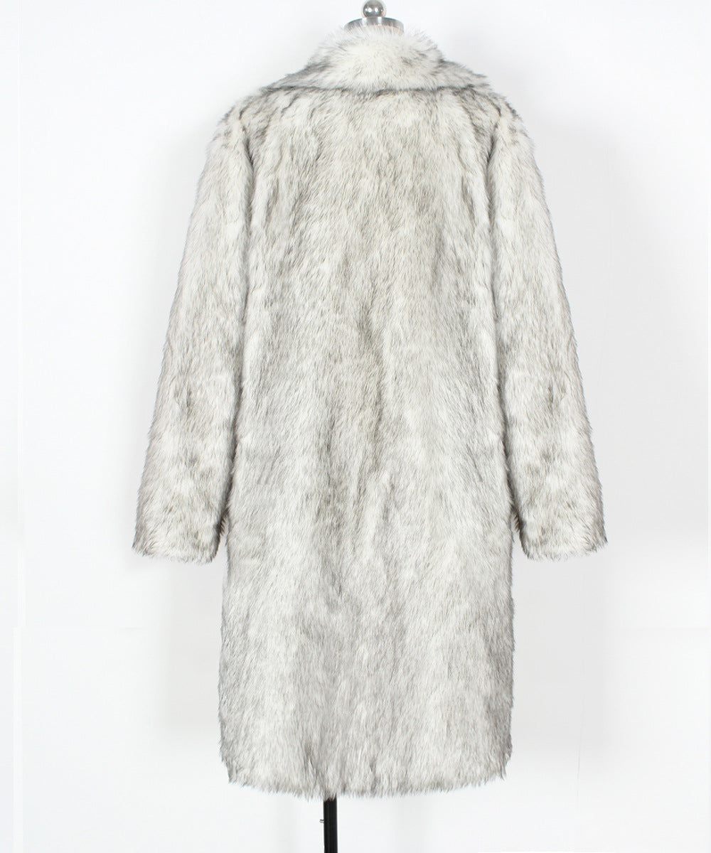 Wide Collar Extra Long Faux Fur Coat - White - 1