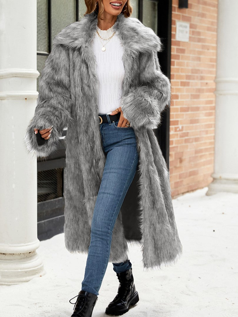 Wide Collar Extra Long Faux Fur Coat