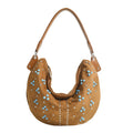 Studded Faux Suede Crescent Shoulder Bag - Tan