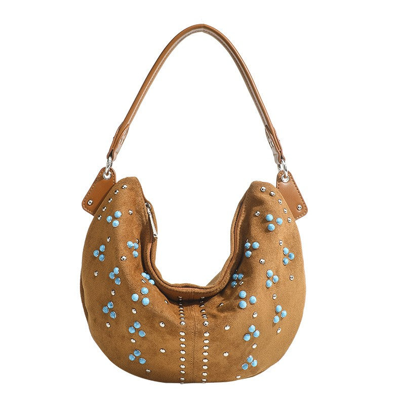 Studded Faux Suede Crescent Shoulder Bag - Tan