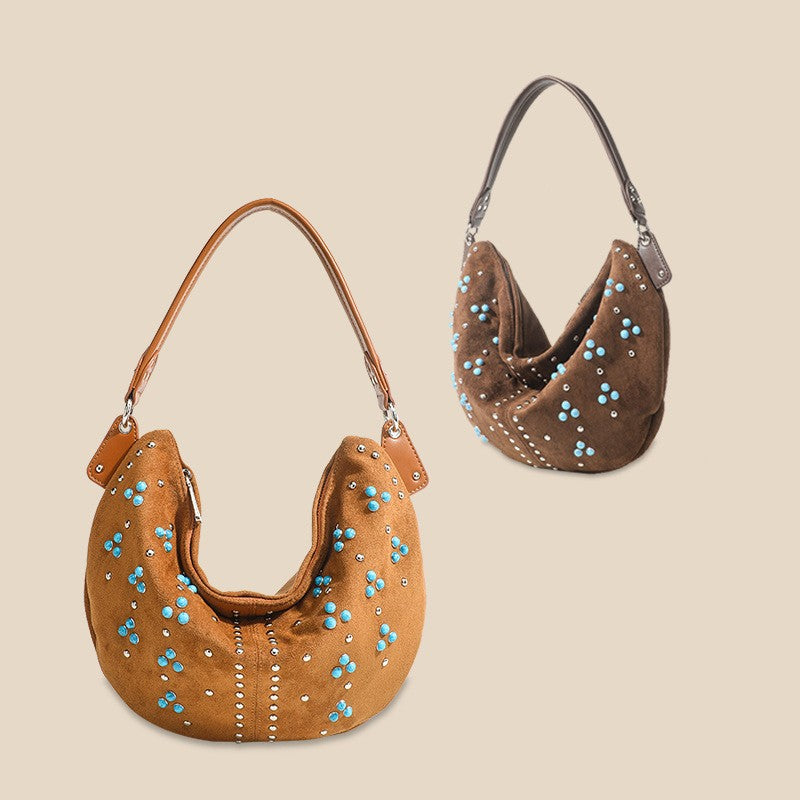 Studded Faux Suede Crescent Shoulder Bag
