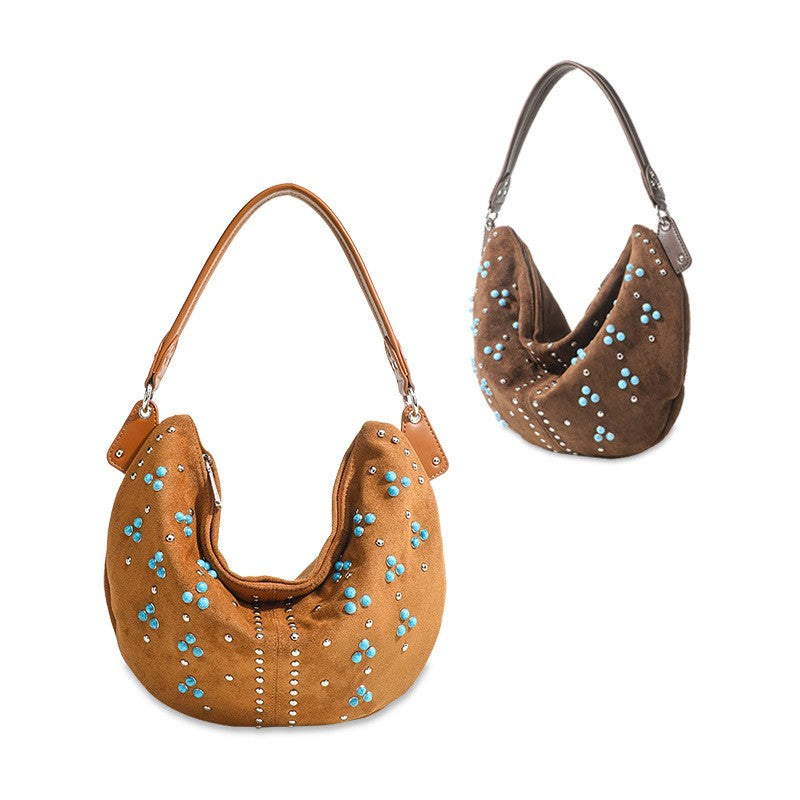 Studded Faux Suede Crescent Shoulder Bag