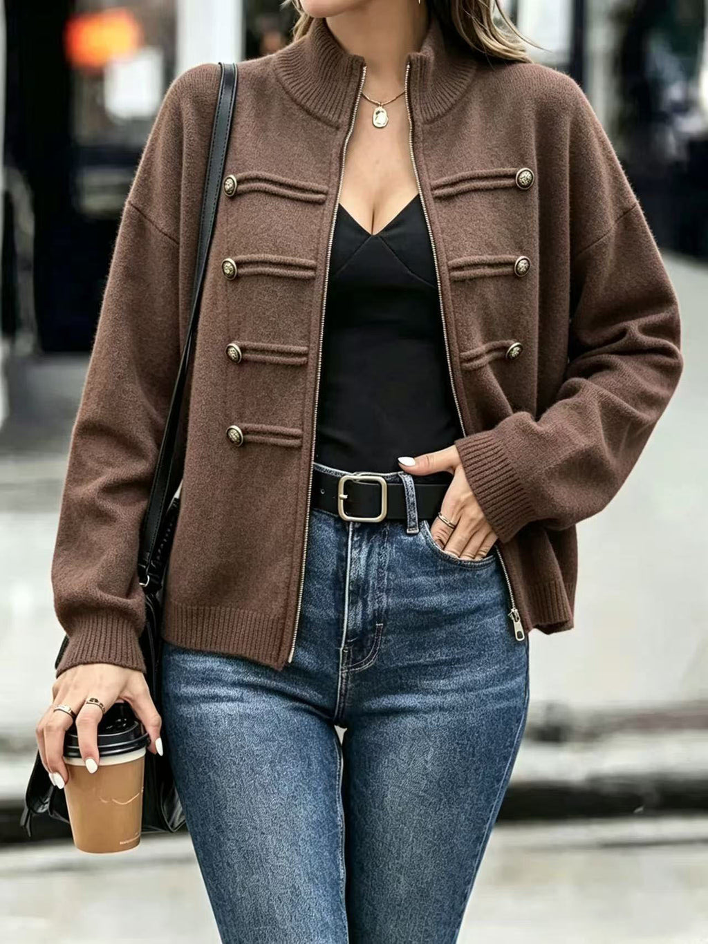 Military Zip-Up Knit Cardigan with Braided Button Trim - Coffee