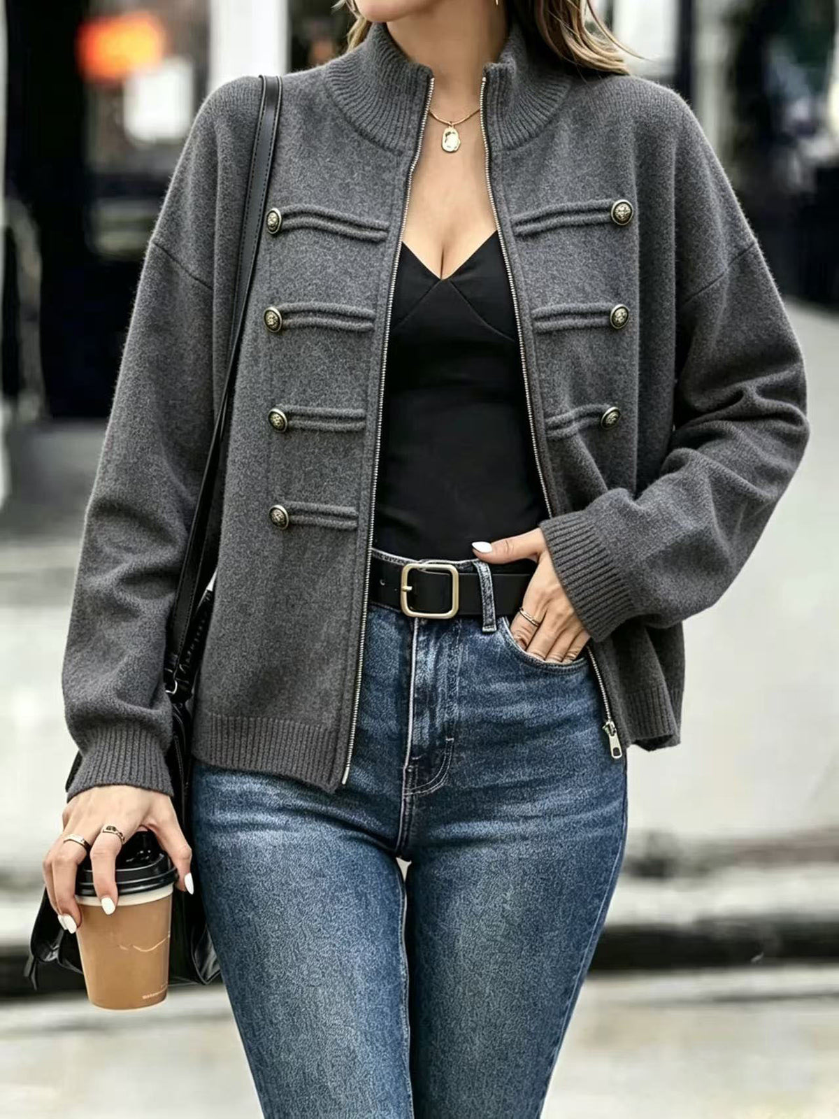 Military Zip-Up Knit Cardigan with Braided Button Trim - Dark_Grey