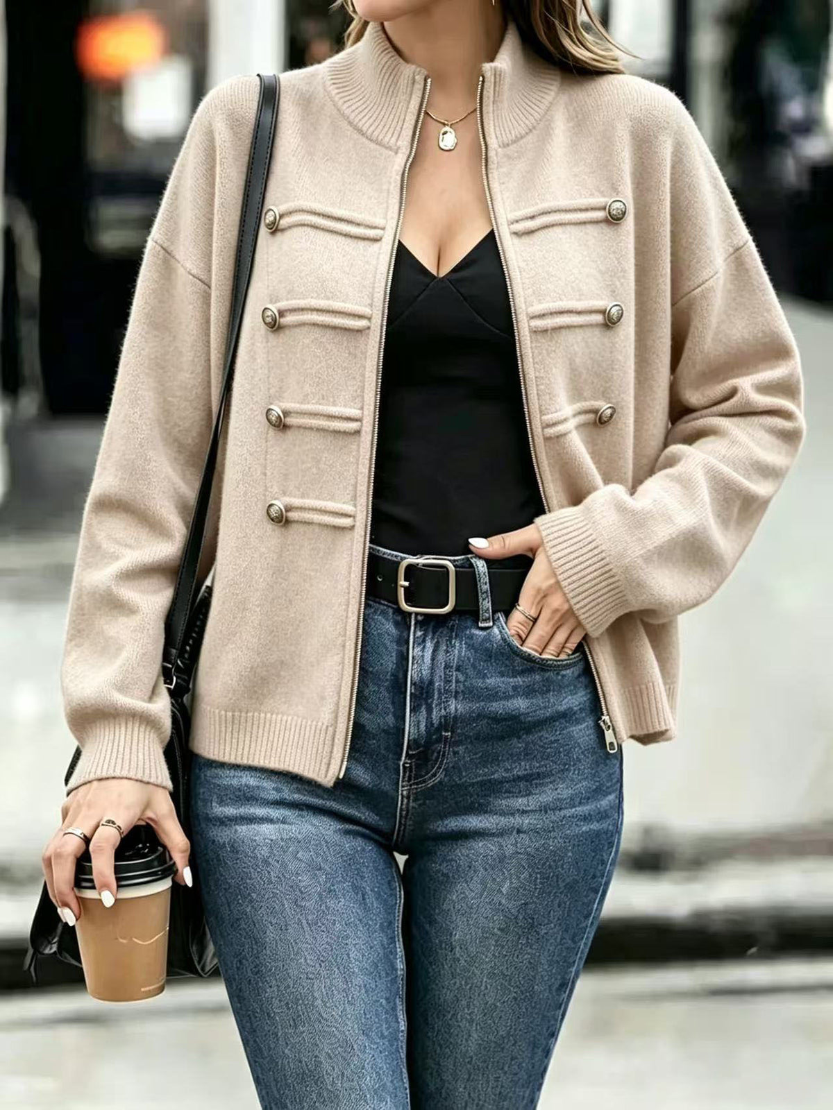 Military Zip-Up Knit Cardigan with Braided Button Trim - Khaki