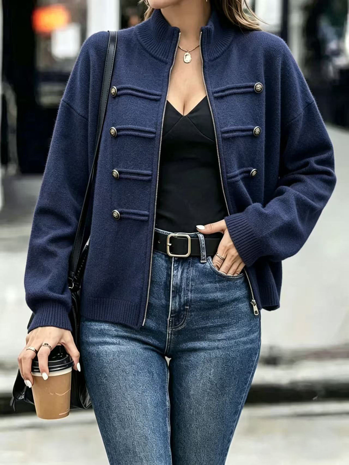 Military Zip-Up Knit Cardigan with Braided Button Trim - Navy