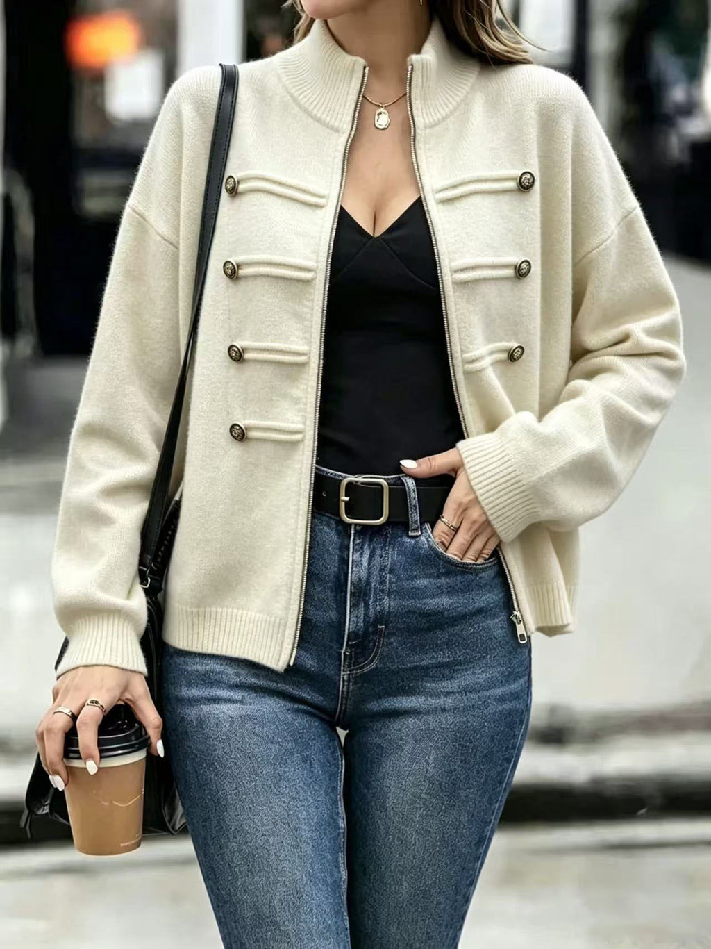Military Zip-Up Knit Cardigan with Braided Button Trim - Off_White