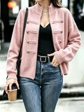 Military Zip-Up Knit Cardigan with Braided Button Trim - Pink