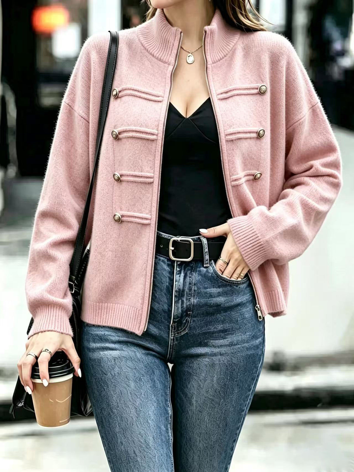 Military Zip-Up Knit Cardigan with Braided Button Trim - Pink