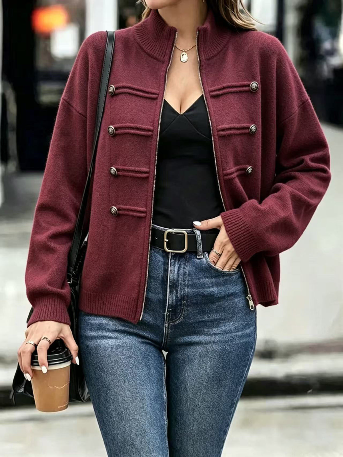 Military Zip-Up Knit Cardigan with Braided Button Trim - Purple_Red