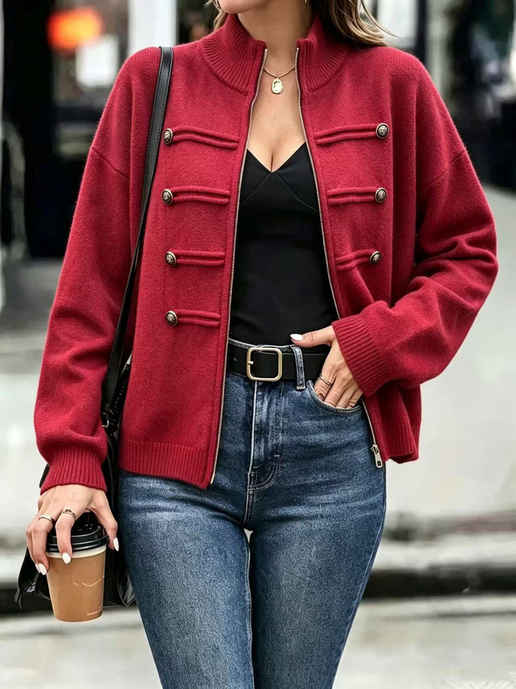 Military Zip-Up Knit Cardigan with Braided Button Trim - Wine_Red