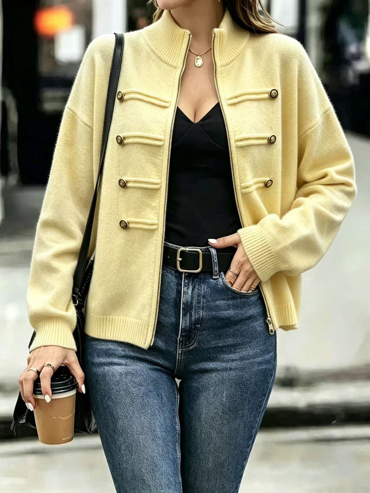 Military Zip-Up Knit Cardigan with Braided Button Trim - Yellow