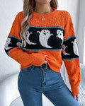 Ghost Jacquard Cable Knit Halloween Jumper - Orange