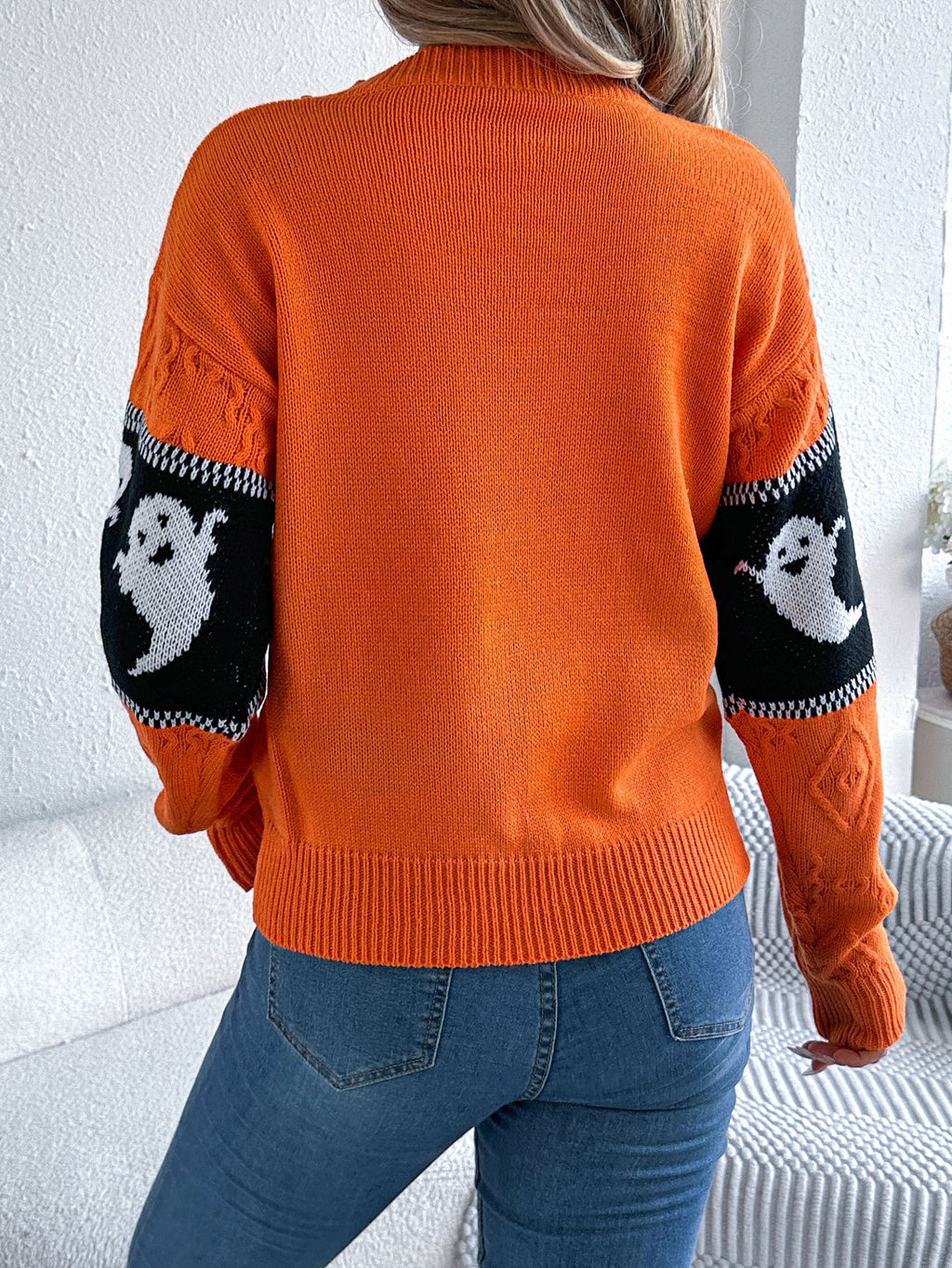Ghost Jacquard Cable Knit Halloween Jumper - Orange - 3