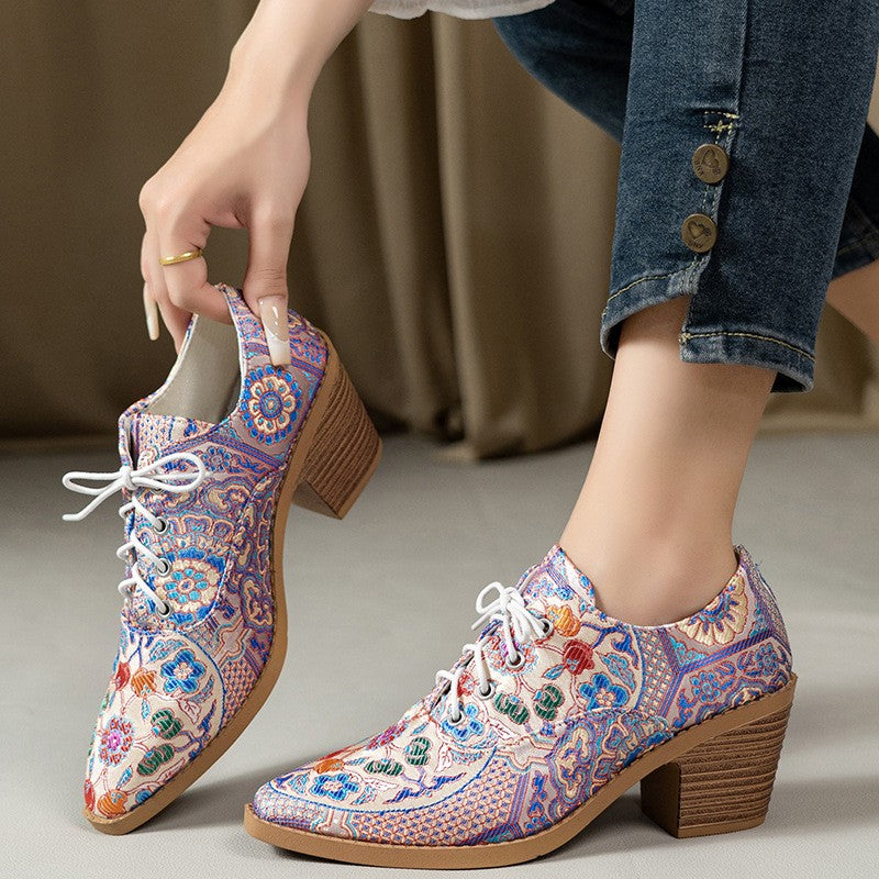 Paisley Print Lace-Up Block Heel Oxfords - Ivory Lilac