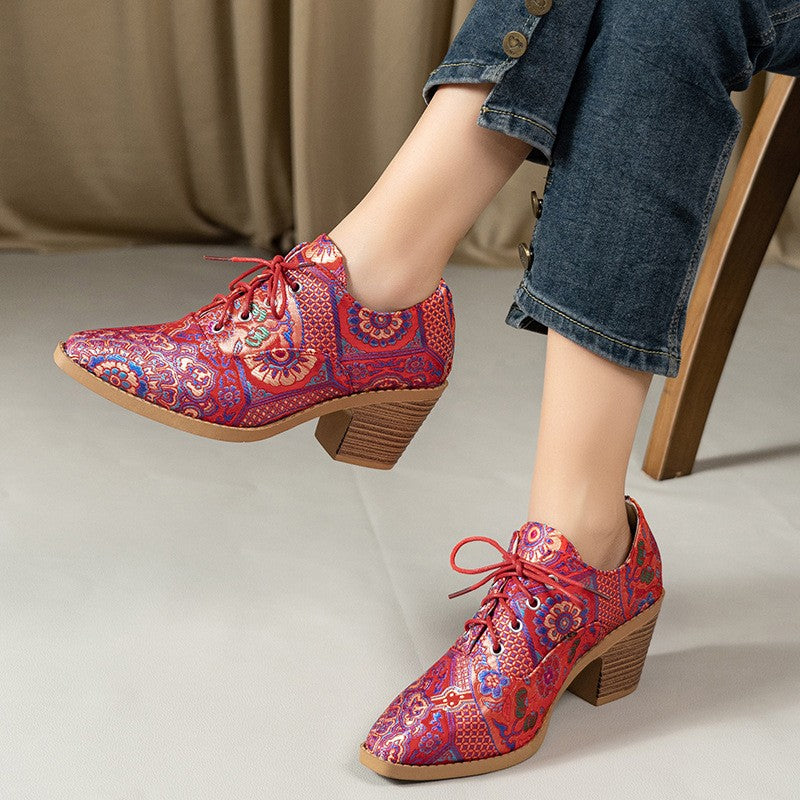 Paisley Print Lace-Up Block Heel Oxfords - Red