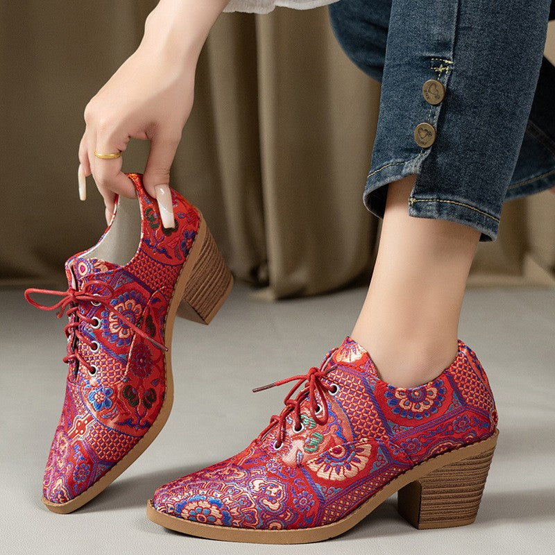 Paisley Print Lace-Up Block Heel Oxfords