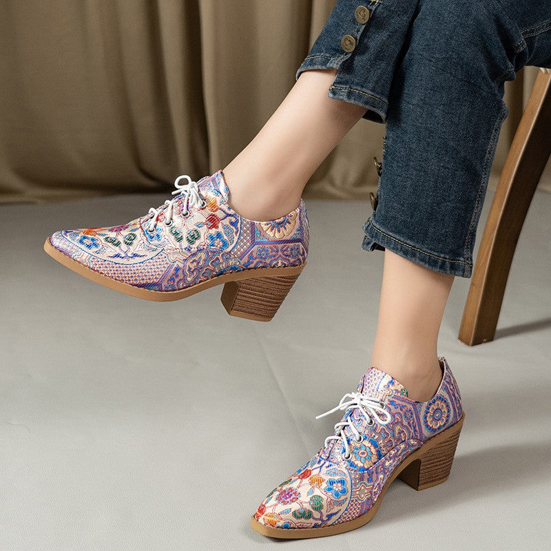 Paisley Print Lace-Up Block Heel Oxfords