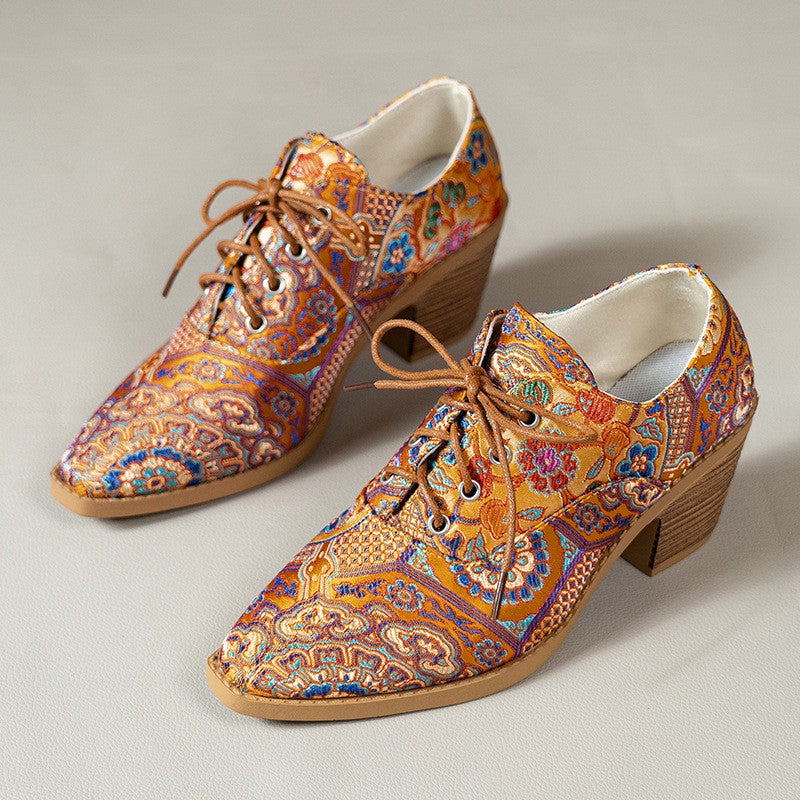 Paisley Print Lace-Up Block Heel Oxfords