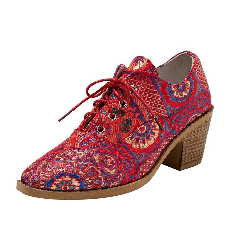 Paisley Print Lace-Up Block Heel Oxfords