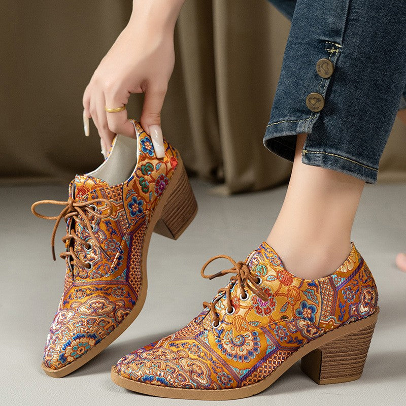 Paisley Print Lace-Up Block Heel Oxfords