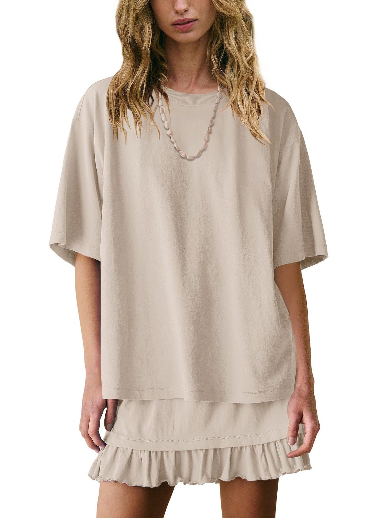 Slouchy Tee And Ruffle Hem Mini Skirt Set - Khaki