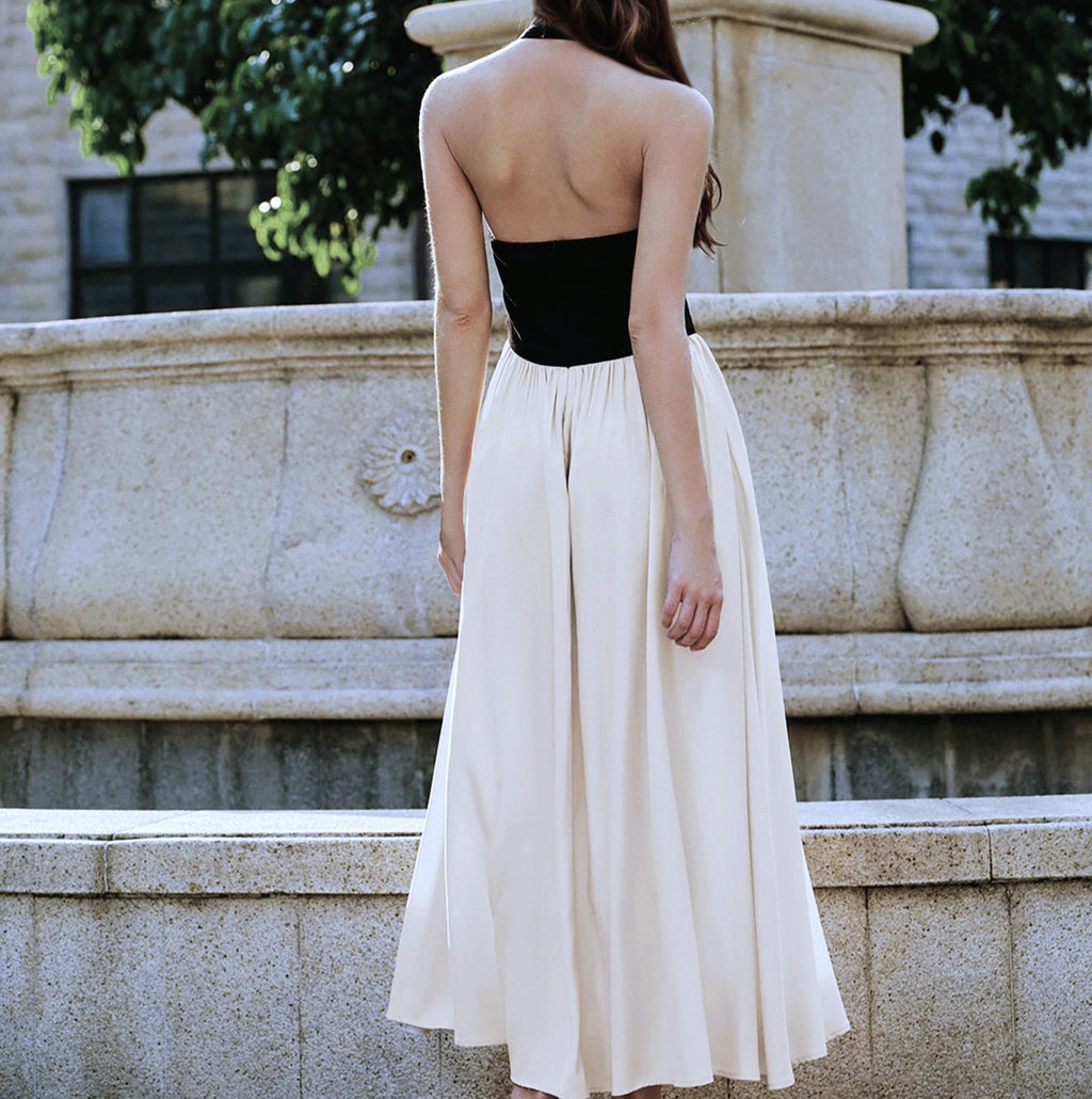 Two Tone Panel Halter Maxi Gown - Black - 3