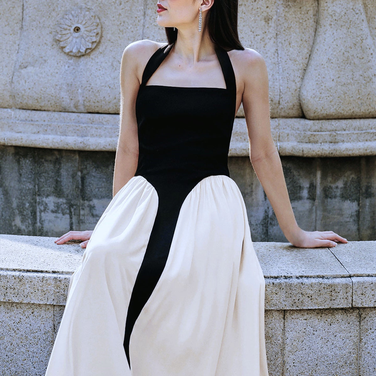 Two Tone Panel Halter Maxi Gown - Black - 4