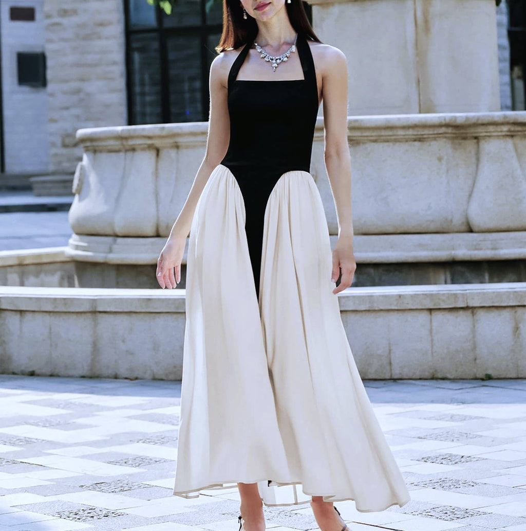 Two Tone Panel Halter Maxi Gown