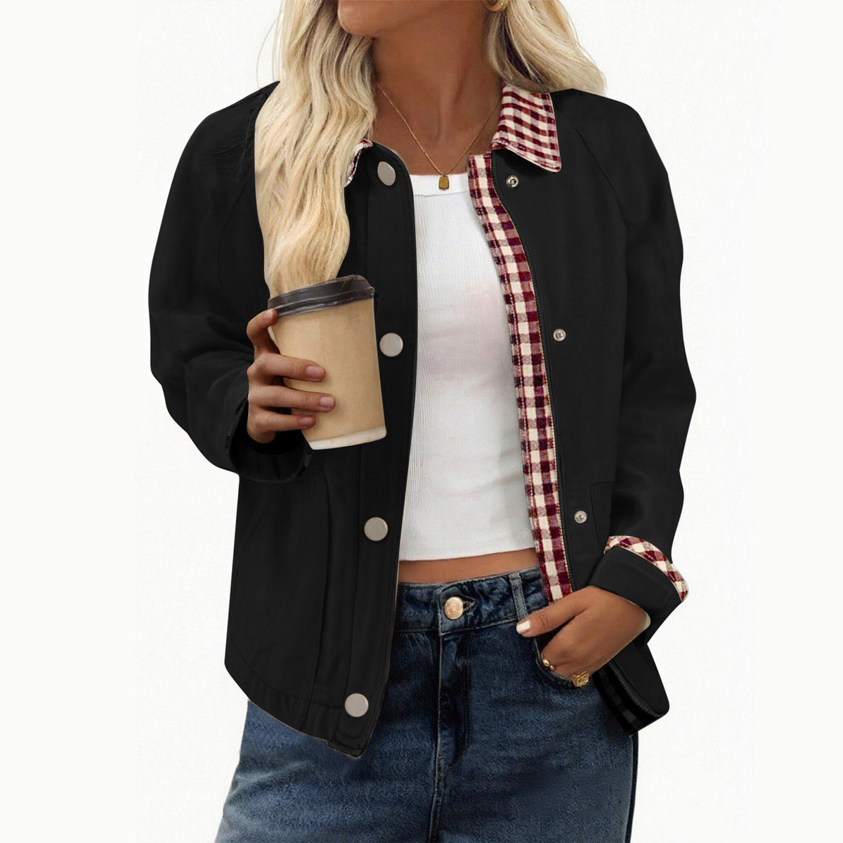 Gingham Contrast Collar Cropped Jacket - Black