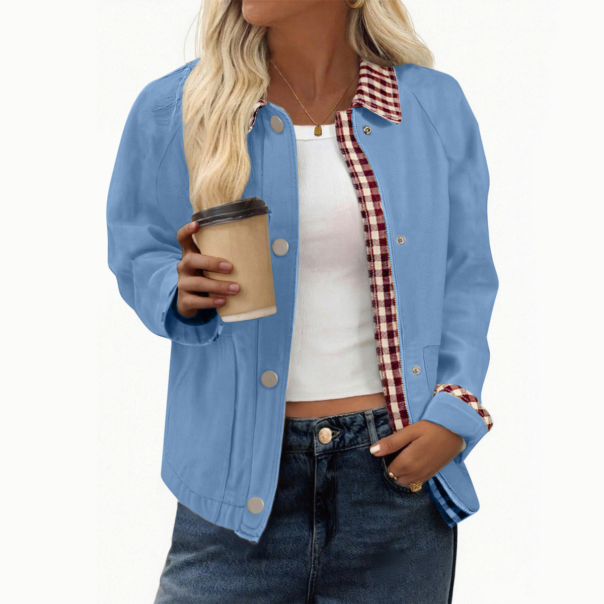 Gingham Contrast Collar Cropped Jacket - Blue