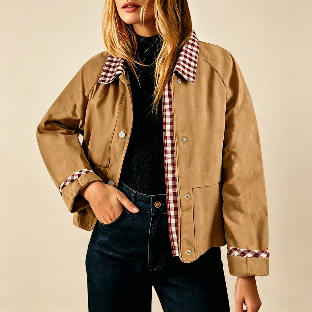 Gingham Contrast Collar Cropped Jacket - Golden