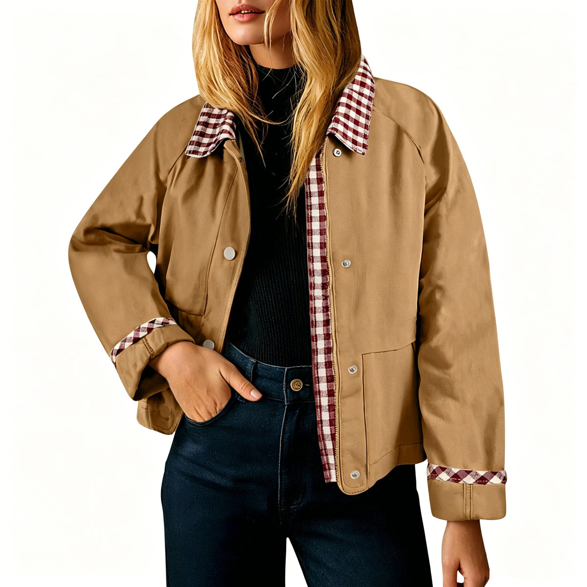 Gingham Contrast Collar Cropped Jacket - Golden - 1
